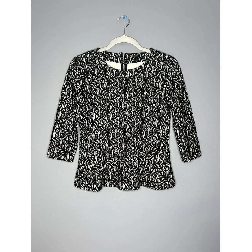 J Crew Lace Overlay Peplum Top Womens XS Black 3/4 Sleeve Dressy Formal Corpcore